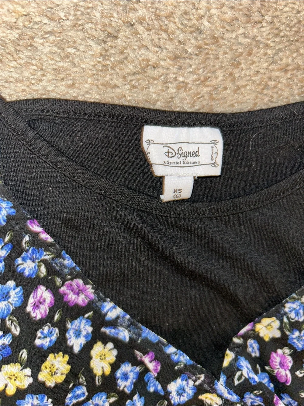 Disney Black Floral Dress with Purple, Blue & Yellow Flowers
